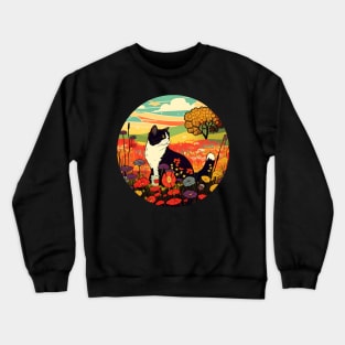 Cat Looking Sunset In The Meadow Filled Flower - Funny Cats Crewneck Sweatshirt